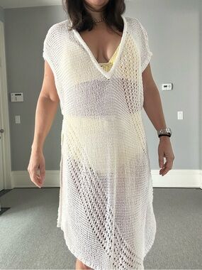 Cream Knit Sleeveless V-Neck Swim Coverup